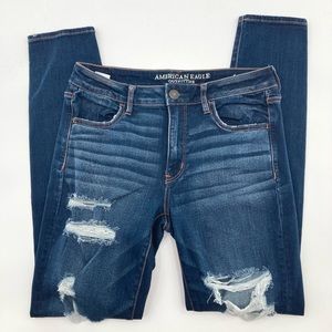 American Eagle AE dark wash destroyed ripped super stretch x jegging jeans 12 L